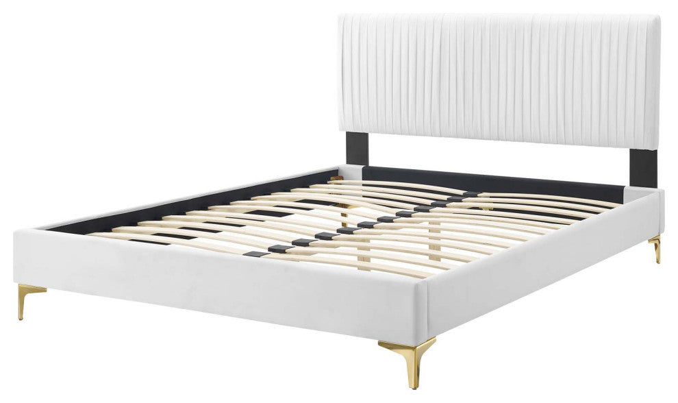 Platform Bed Frame, King Size, Velvet, White, Modern Contemporary, Bedroom