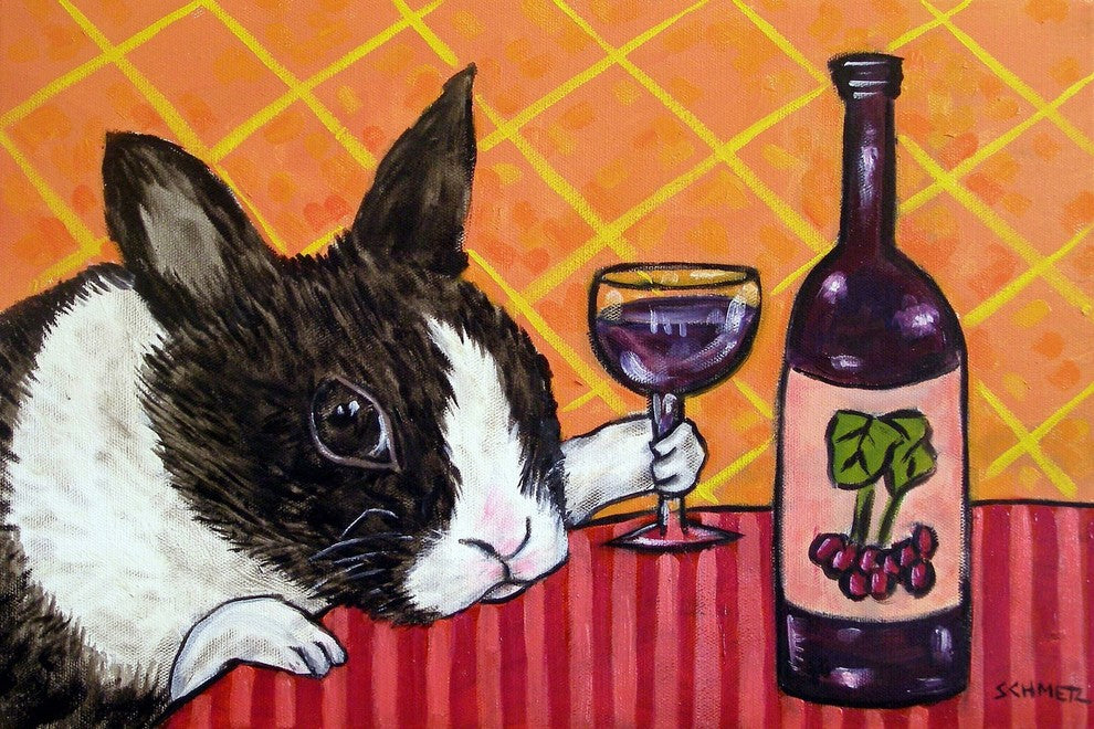 "Bunny Wine" Painting Print on Wrapped Canvas, 24"x16"
