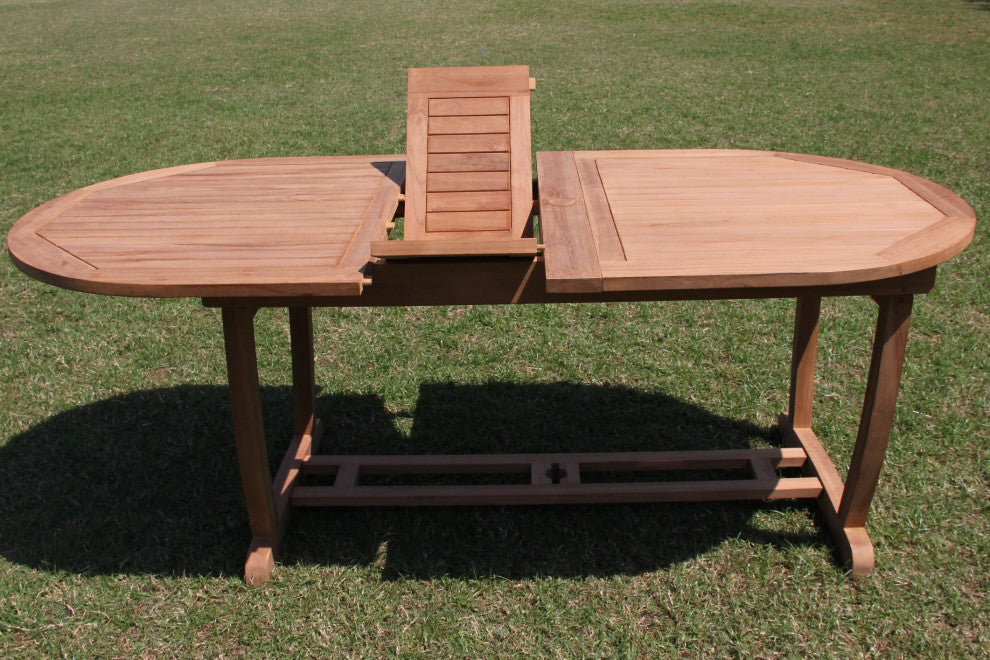 9-Piece Outdoor Teak Dining Set: 117" Masc Oval Extn Table, 8 Lagos Arm Chairs