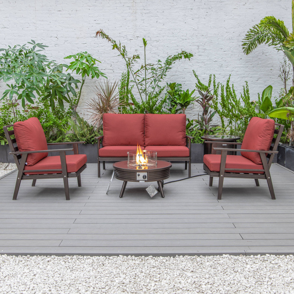 LeisureMod Walbrooke Patio Conversation Set With Fire Pit Table, Red