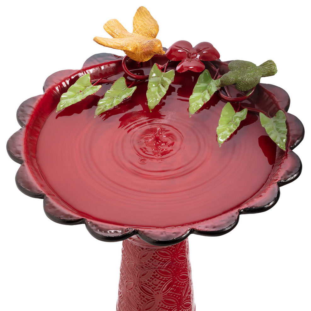 28" Tall Outdoor Metal Birdbath with Birds and Leaves Yard Statue, Red