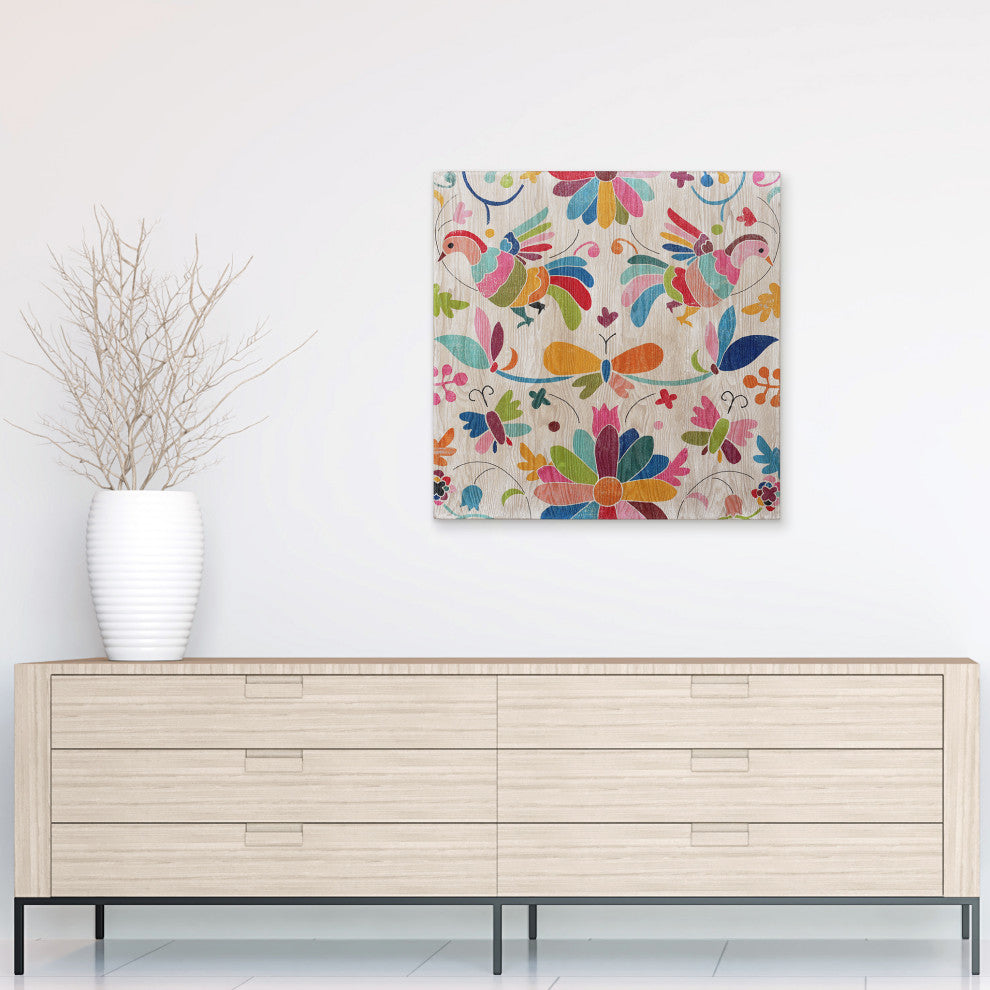 Folklorica Abstract Flower Wall Art Giclee Printed on Hand Finished Ash Wood