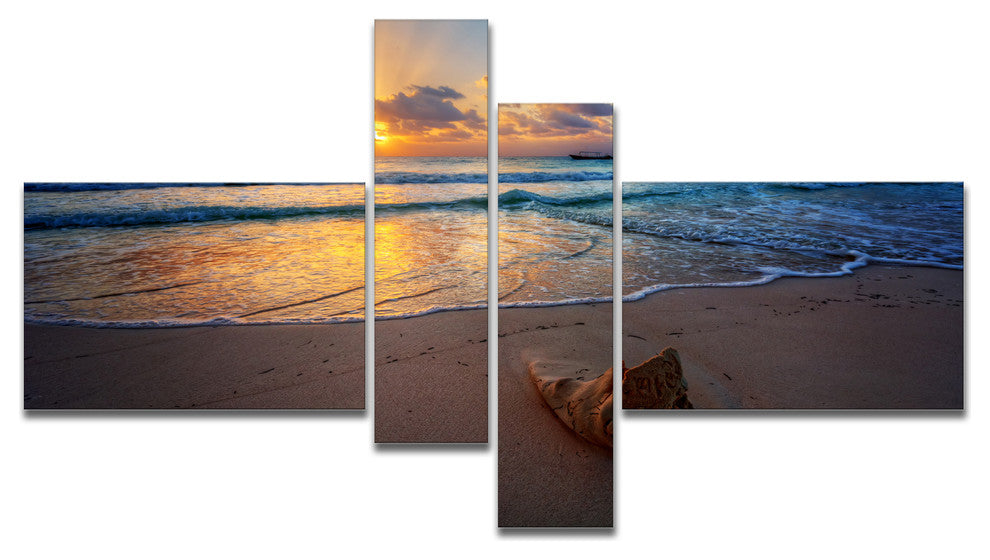 Quiet Seashore during Sunset, Seashore Canvas Art Print, 60"x32", 4 panels