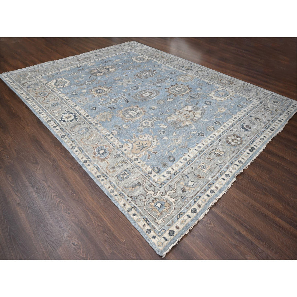 Silver Blue Wool Hand Knotted Oushak Design Oversized Oriental Rug 11'9"x14'10"