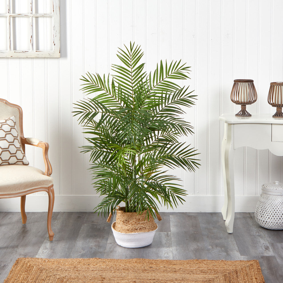4' Areca Artificial Palm, Boho Chic Handmade Cotton and Jute White Woven Planter