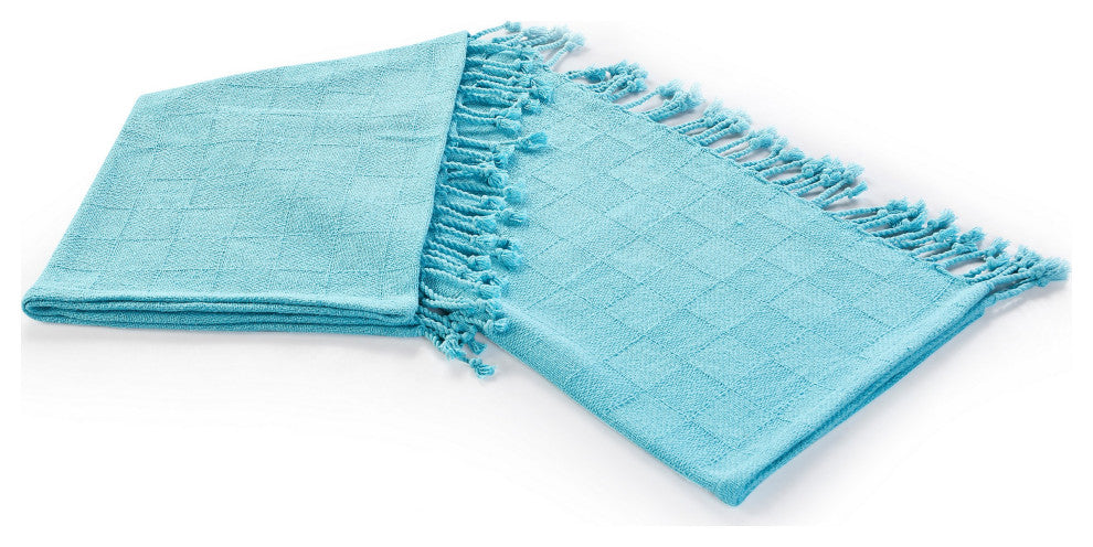Checkered Weave Throw Blanket with Fringe, Angel Blue