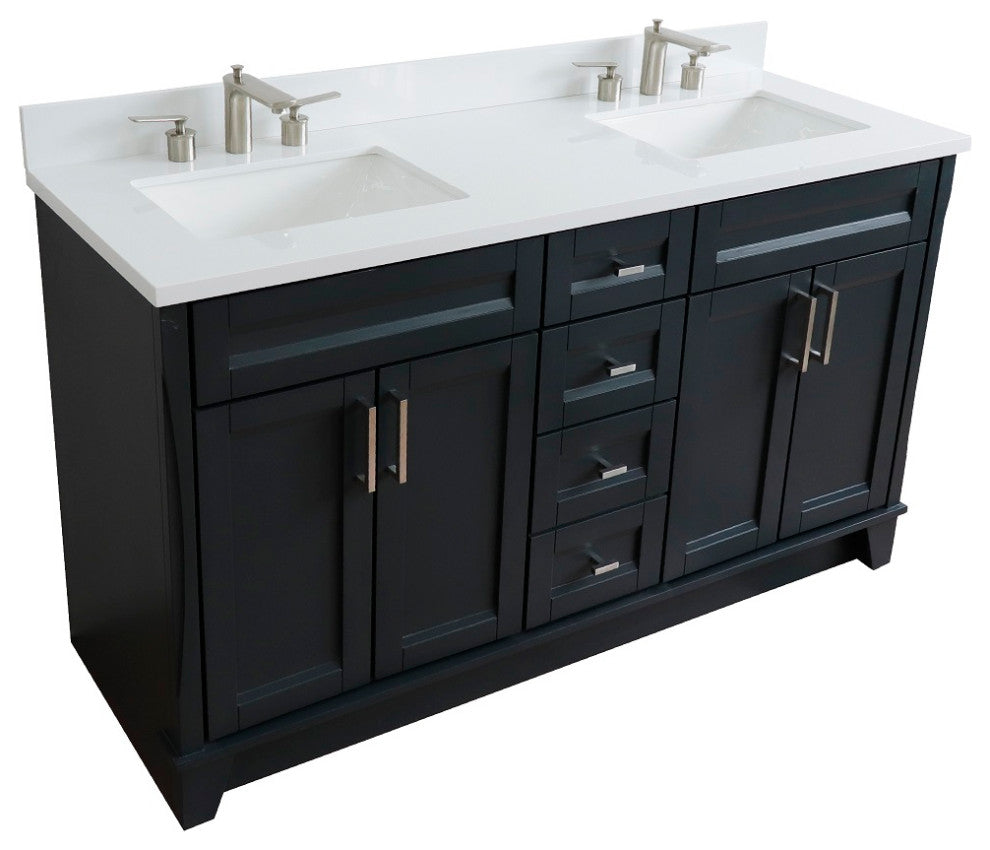 61" Double Vanity, Dark Gray Finish With Engineered Stone Top, Rectangle Sink