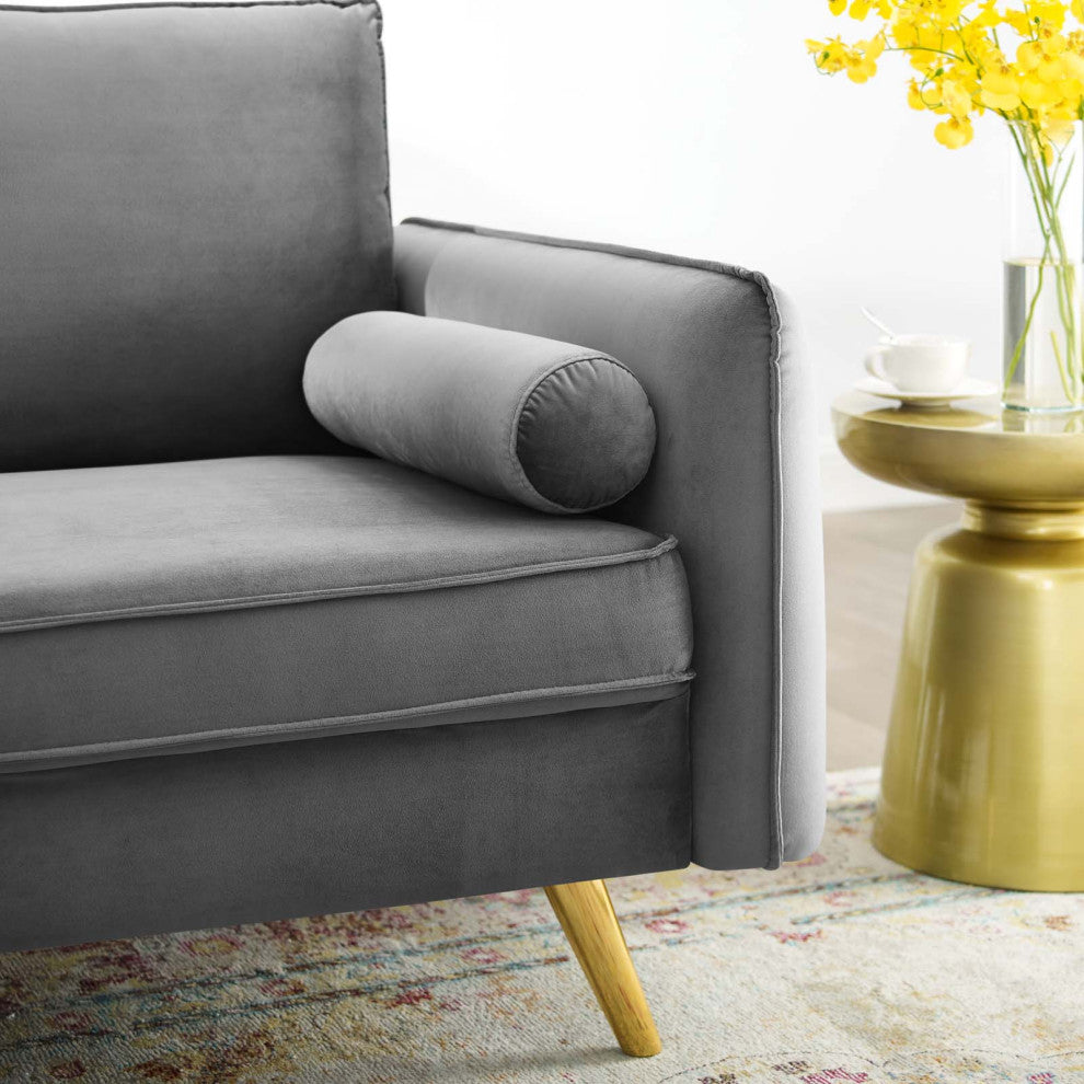 Loveseat Sofa, Velvet, Gray, Modern, Living Lounge Hotel Lobby Hospitality