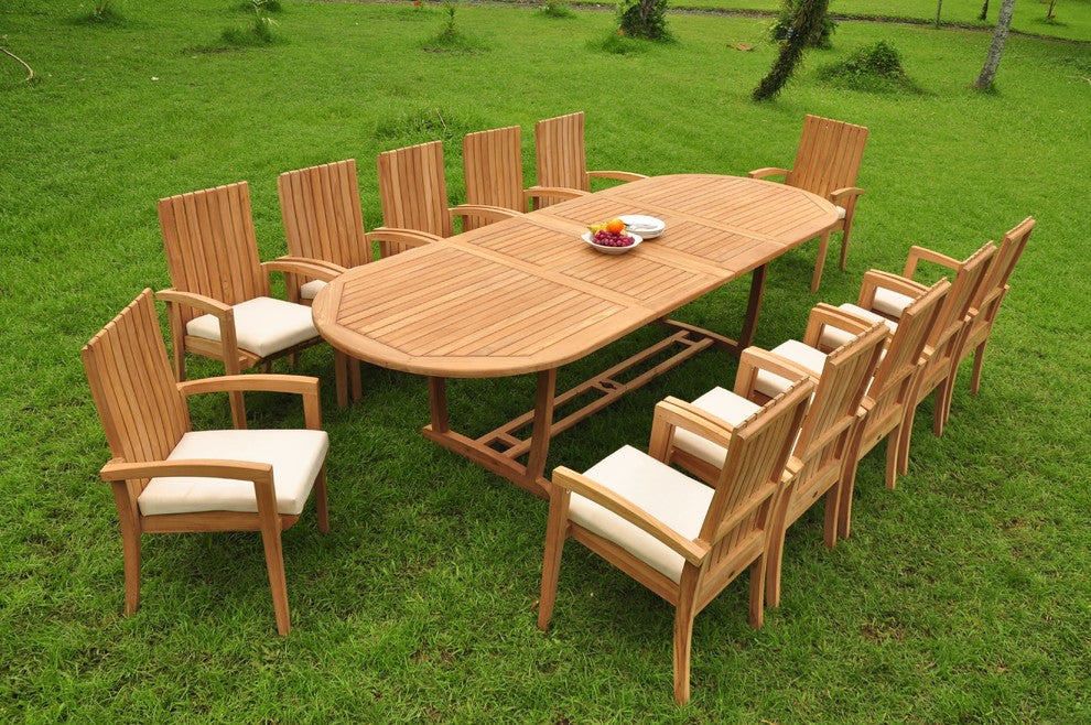 13-Piece Outdoor Teak Dining: 117" Masc Oval Table, 12 Goa Stacking Arm Chairs