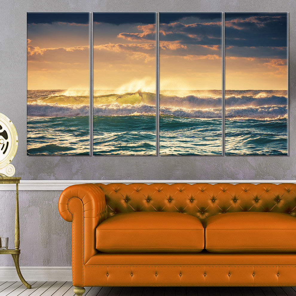 "Sunrise And Shining Waves in Ocean" Seashore Canvas Wall Art, 4 Panels, 48"x28"