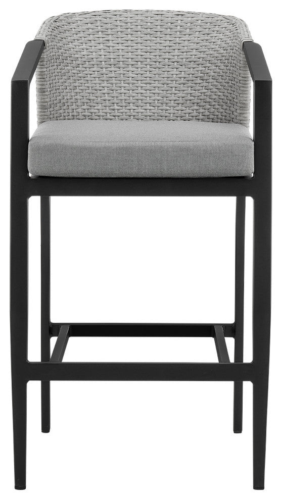 Aileen Patio Counter or Bar Height Stool, Metal and Wicker With Gray Cushions, Bar Height