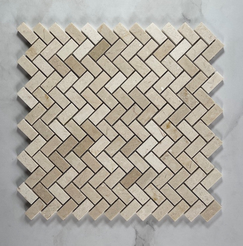 Crema Marfil Marble Herringbone Mosaic Tile Polished 5/8x1-1/4, 1 sheet
