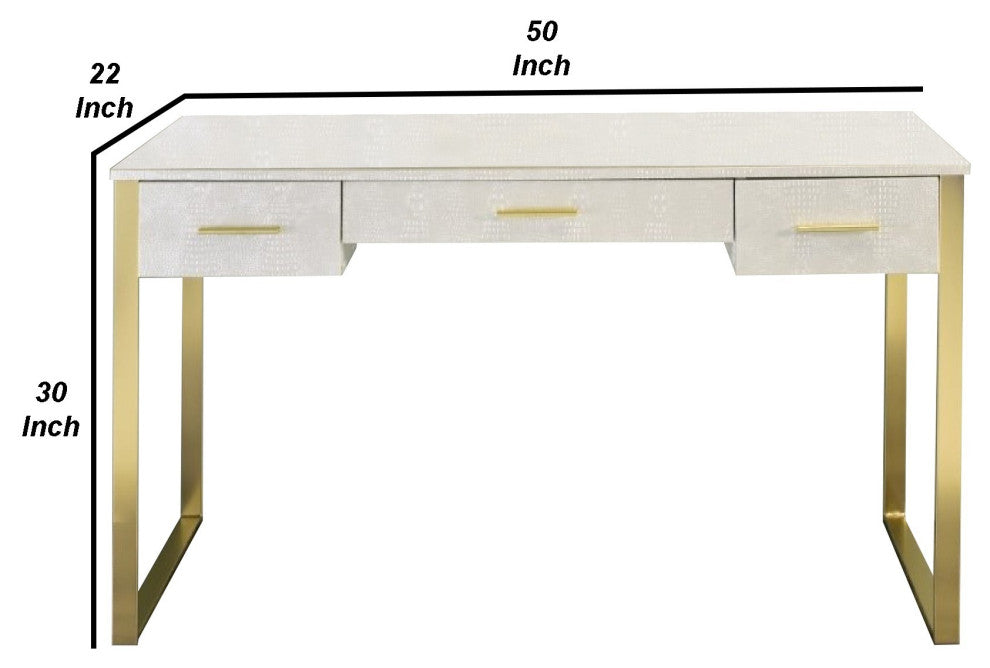 Benzara BM274660 Textured Vanity Desk With Round Mirror, Gold Sled Base, White