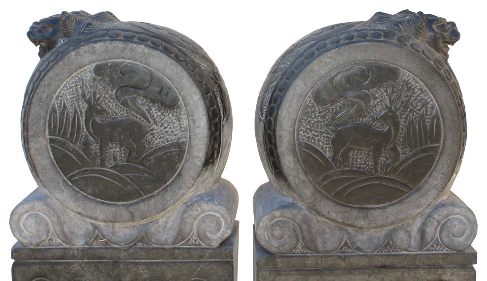 Chinese Pair Gray Black Stone Fengshui Foo Dogs Door Block Drum Statue Hcs4769