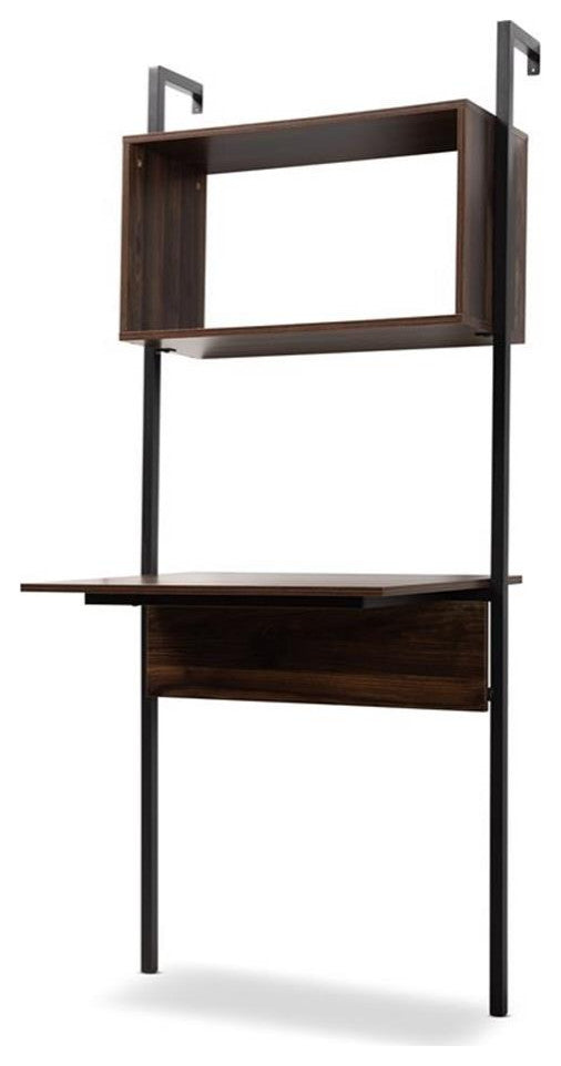 Fariat Modern Walnut Brown Finished Wood and Black Metal Display Shelf With Desk