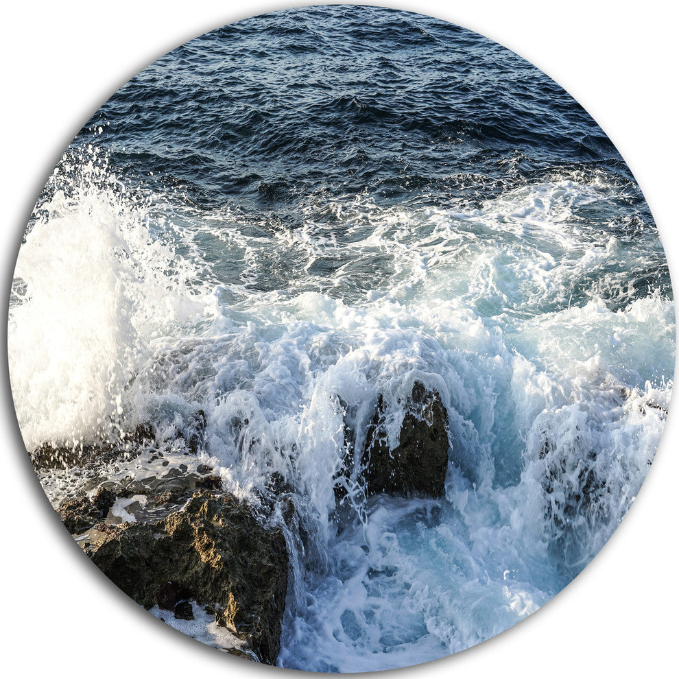 Waves Breaking On Stony Beach, Seascape Round Wall Art, 11"