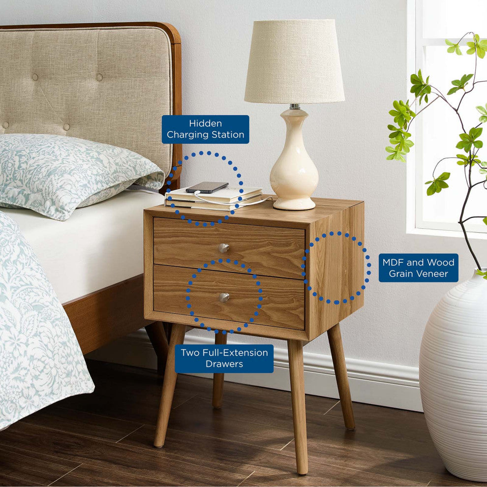 Nightstand Side End Table With USB, Wood, Brown Natural, Modern Living Room