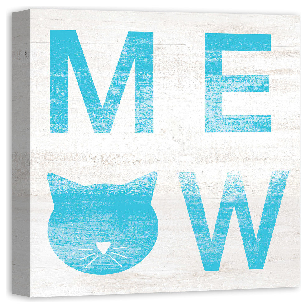 Designs Direct Meow Distressed Blue 20x20 Canvas Wall Art