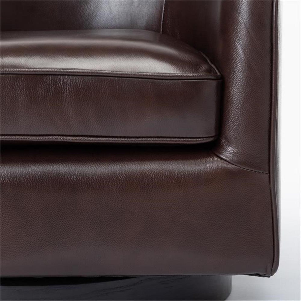 Pemberly Row Top Grain Leather Modern Swivel Chair in Brown Finish