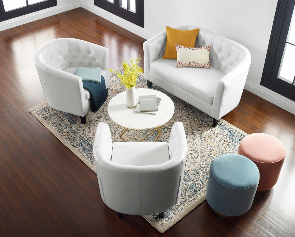 Tufted Armchair and Loveseat Sofa Set, Faux Leather, White, Modern, Lounge