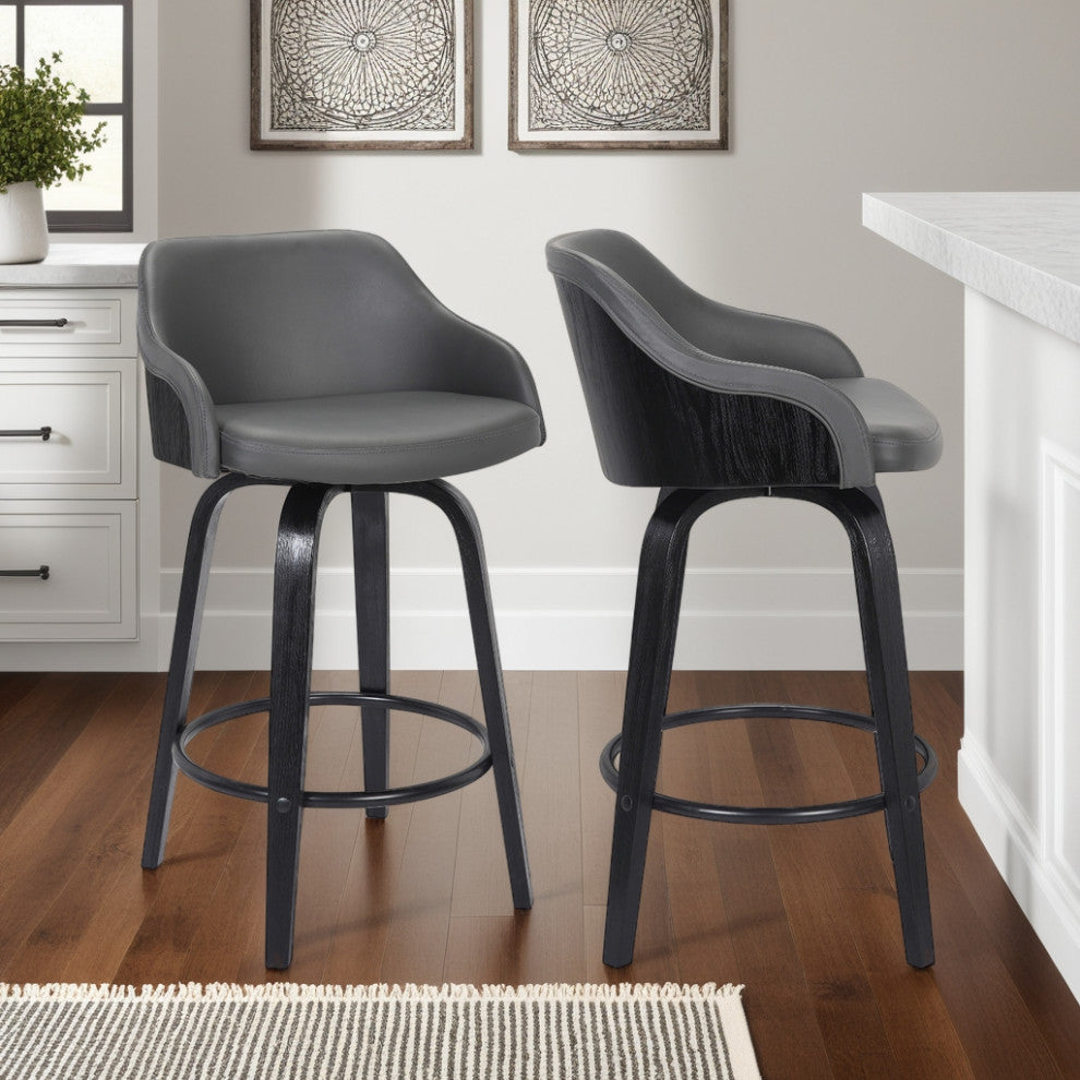 Alec Black Brush Wood Finish & Gray Faux Leather Bar Stool, Counterstool