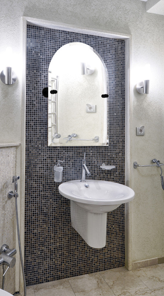 Frameless Arched Top Beveled Edge Tilt Mirror, Satin Nickel