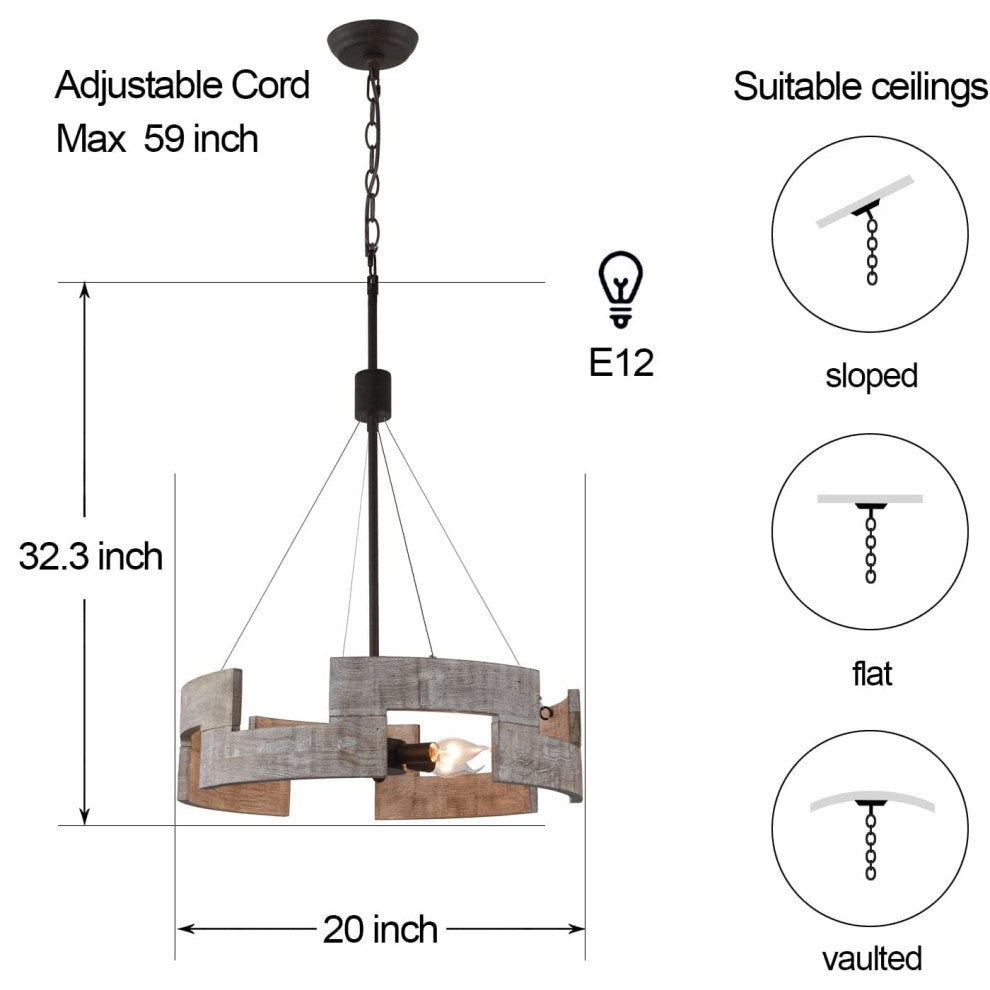 5 Light Drum Wood Chandelier Circle Art Pendant Lighting