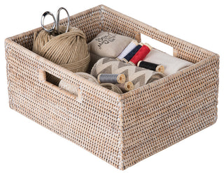 La Jolla Rattan Shelf Basket With Handles, Medium, White Wash