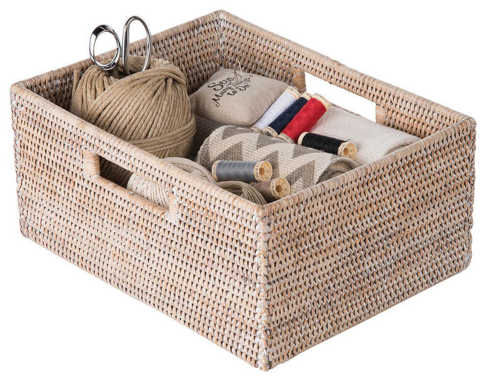 La Jolla Rattan Shelf Basket With Handles, Medium, White Wash