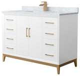 Amici 48" White Single Vanity, White Carrara Marble Top, Satin Bronze Trim