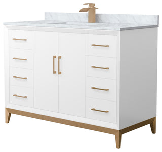 Amici 48" White Single Vanity, White Carrara Marble Top, Satin Bronze Trim