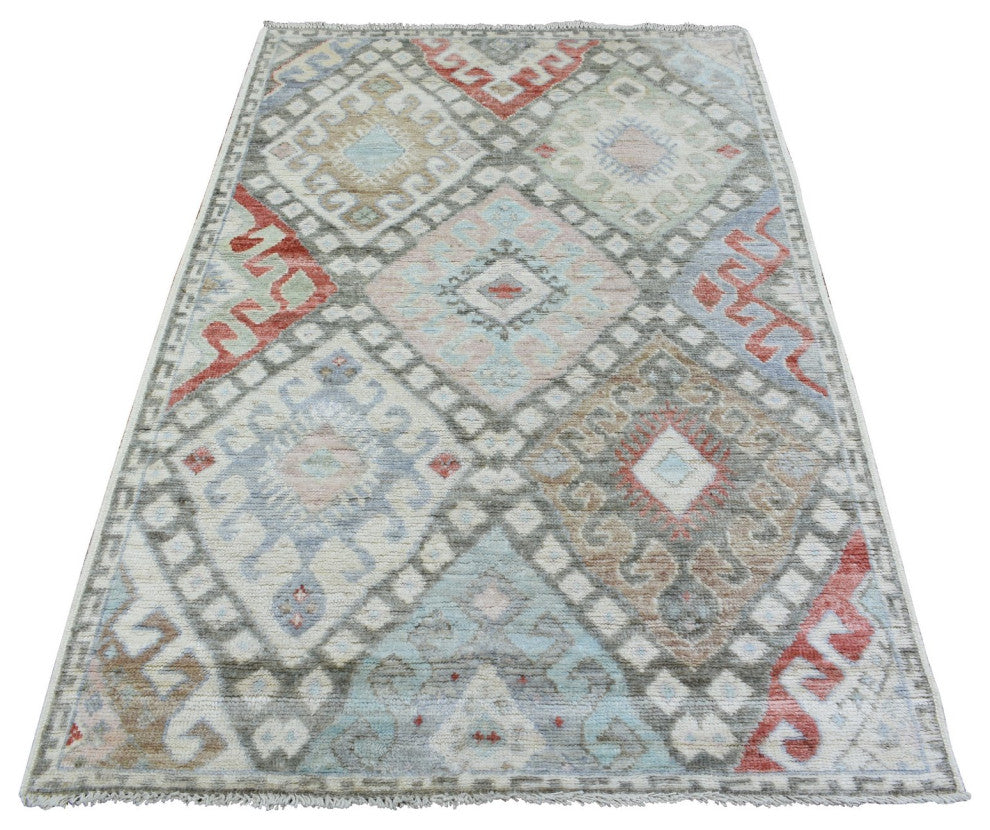 Colorful Anatolian Village Inspired Soft Wool Hand Knotted Rug, 4'0"x6'1"