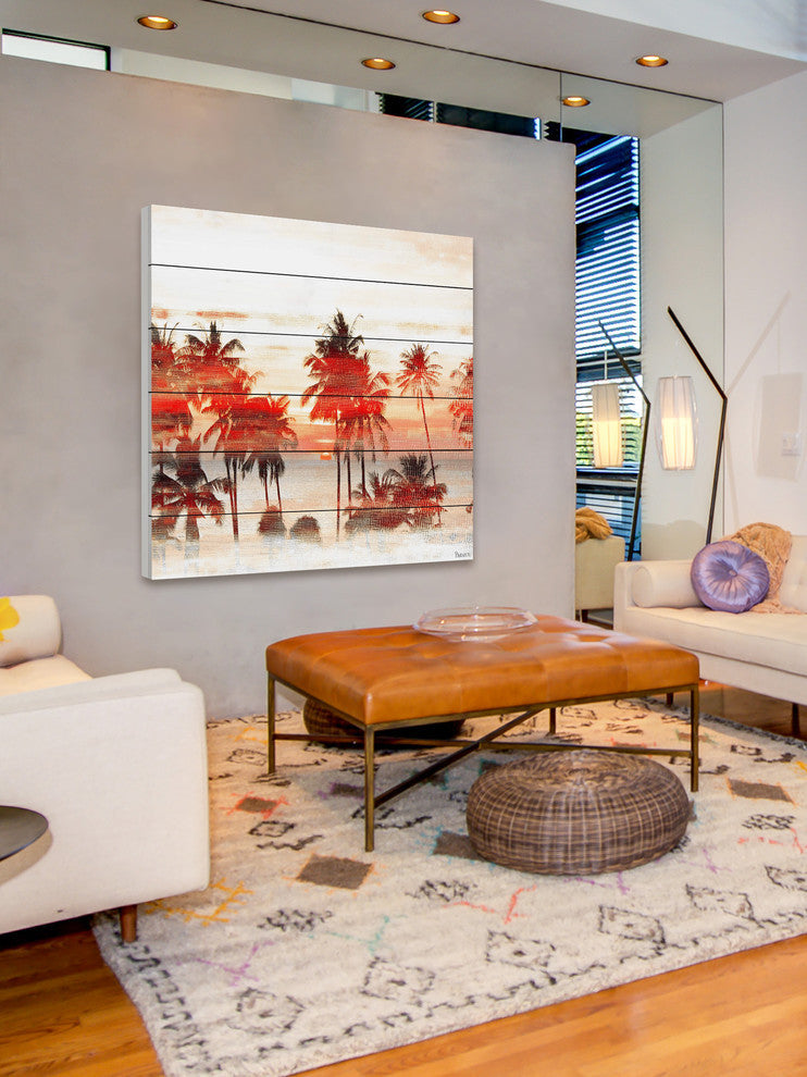 "Glowing Red Palms" Painting Print on White Wood, 18"x18"