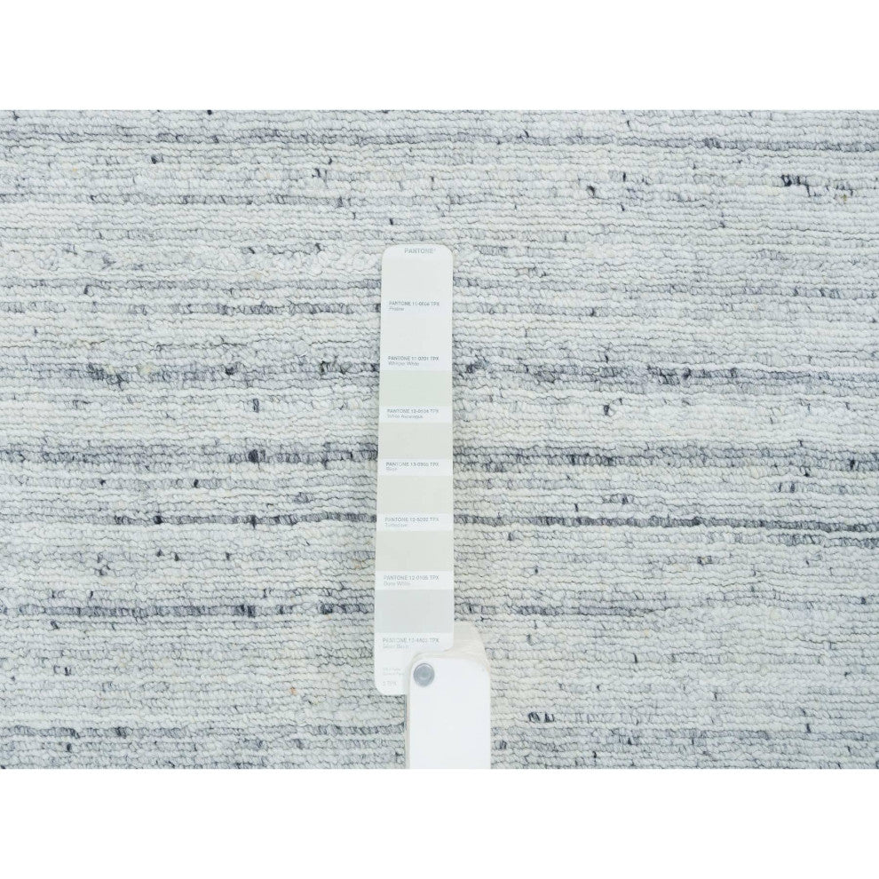 Ivory Plain Modern Striae Wool Hand Loomed Runner Oriental Rug, 2'8"x14'