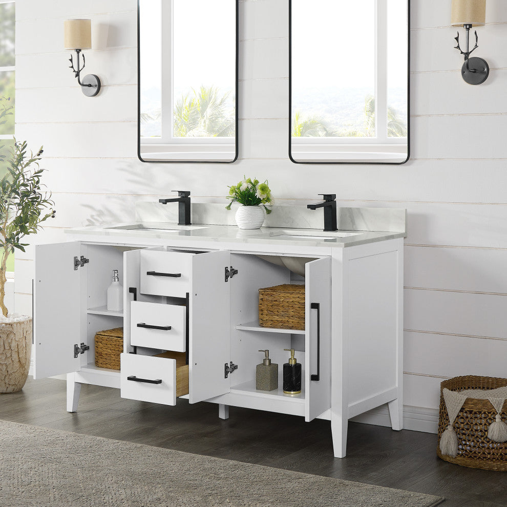 Laurel Bathroom Vanity with Calacatta White Quartz Stone Countertop, White, 60", Without Mirror