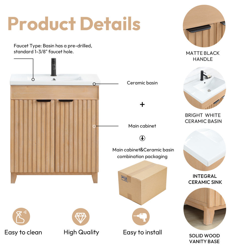 Palos Bathroom Vanity, Fir Wood Brown, 30", Ceramic Top, No Mirror