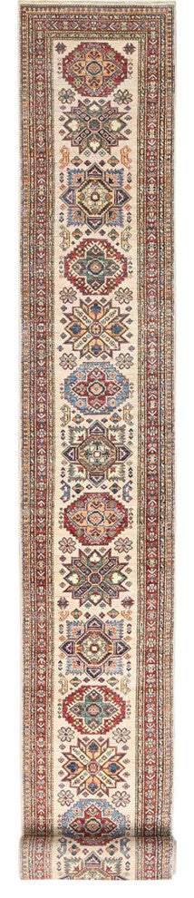 Ivory, Afghan Super Kazak, Soft Wool Hand Knotted, XL Runner Rug, 2'9"x35'8"