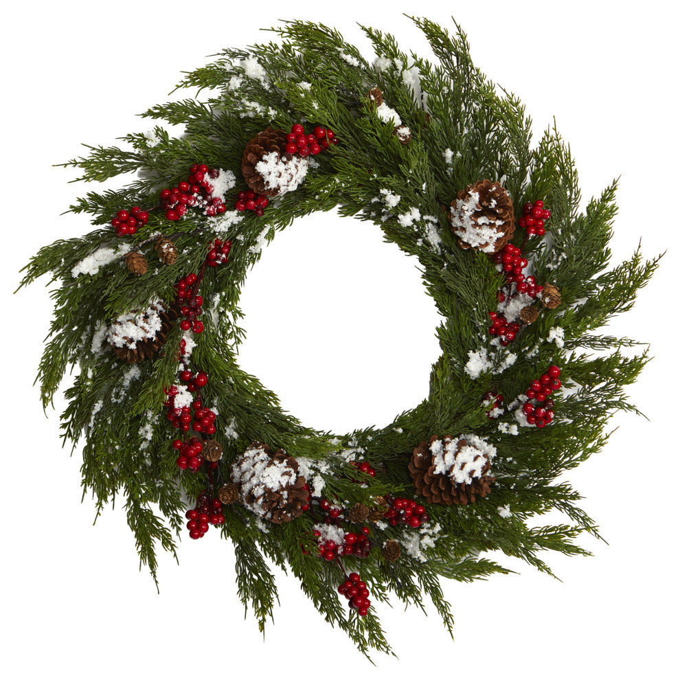 28" Frosted Cypress With Berries and Pine Cones Artificial Wreath