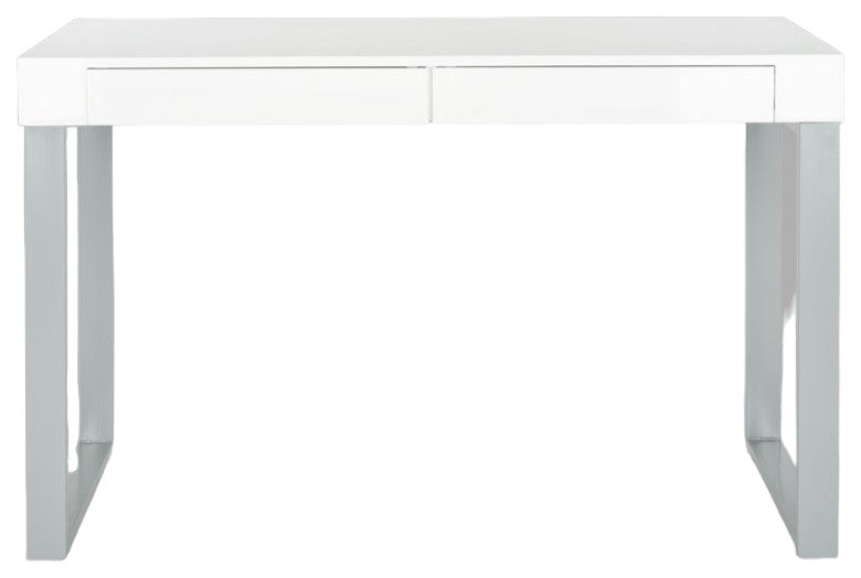 Contemporary Desk, Glam Design With Gray Painted Iron Legs & Lacquered White Top