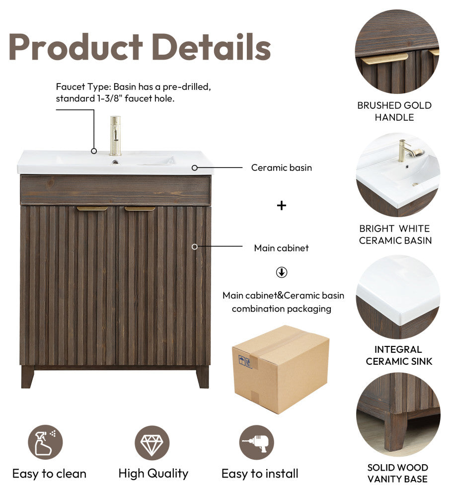 Palos Bathroom Vanity, Spruce Aged Brown, 30", Ceramic Top, No Mirror
