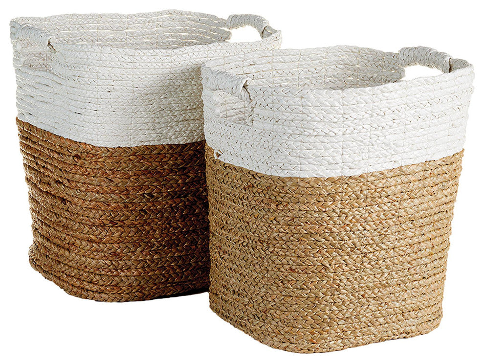 Set 2 Contemporary Casual Natural White Tall Tote Baskets with Handles Large