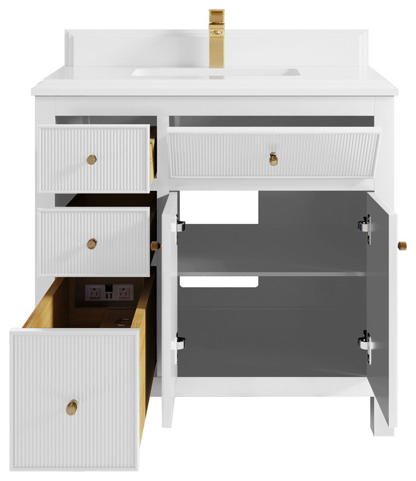Sonoma 36 Center Sink Reeded Bath Vanity in White 2" White Quartz