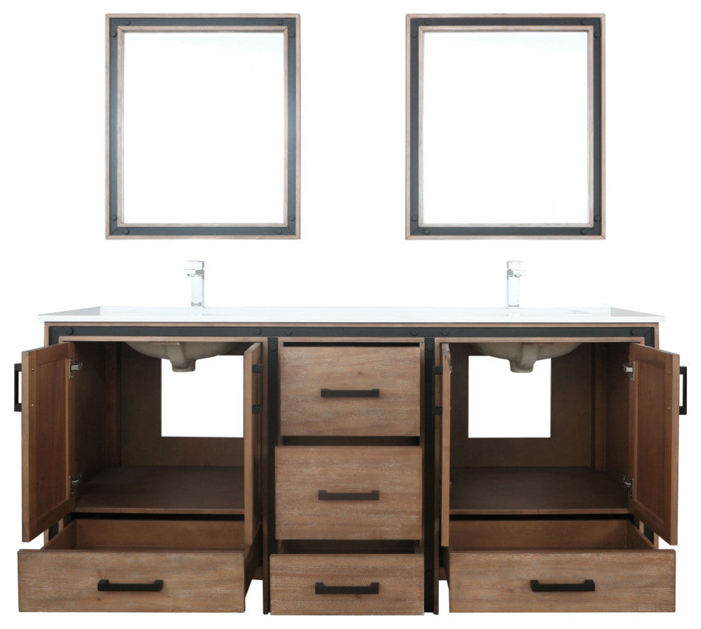 Ziva 72 Barnwood DB Vanity, Cultured Marble Top, Square Sink, 30 Mirrors, Faucet