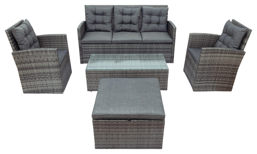 5 Pieces Outdoor Rattan Patio Sectional Sofa Set With Storage Bench