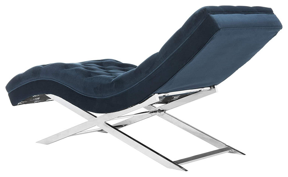 Navy Velvet and Chrome Chaise with Headrest Pillow