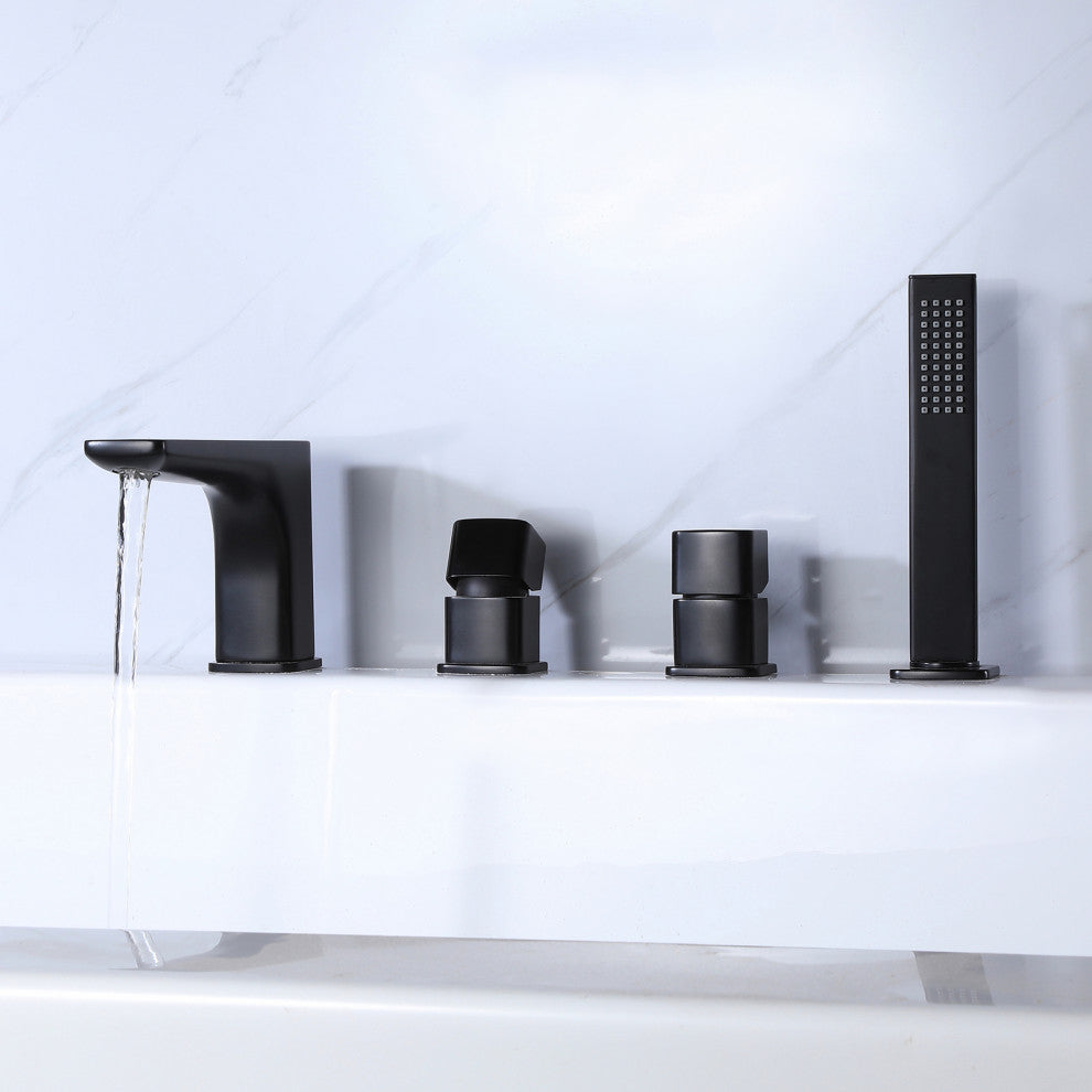 Deck Mount Roman Dual Handles Tub Faucet with Hand Shower, Matte Black