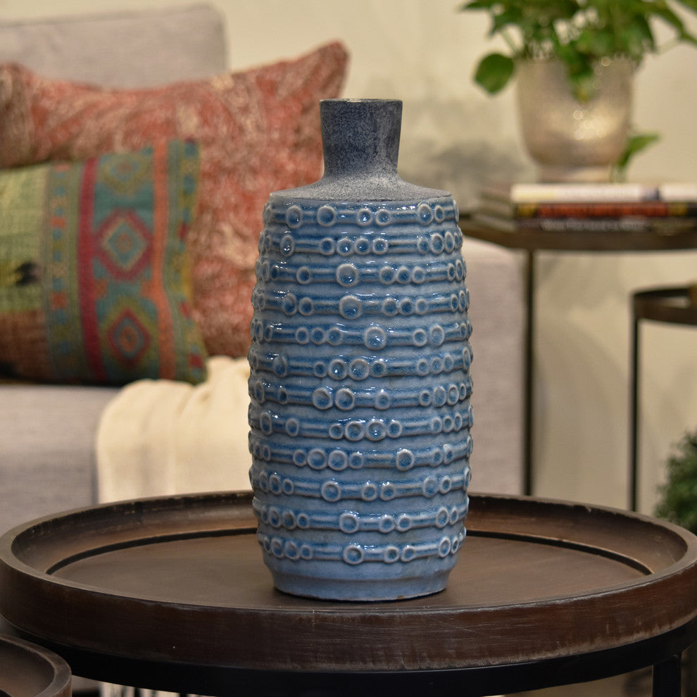 Ceramic Bottle Vase, Short Neck and Engraved Bubble Design Body, Small, Livid