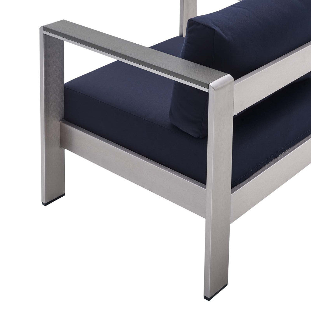 Sectional Sofa Chair Table Set, Sunbrella, Aluminum, Silver Blue Navy, Outdoor