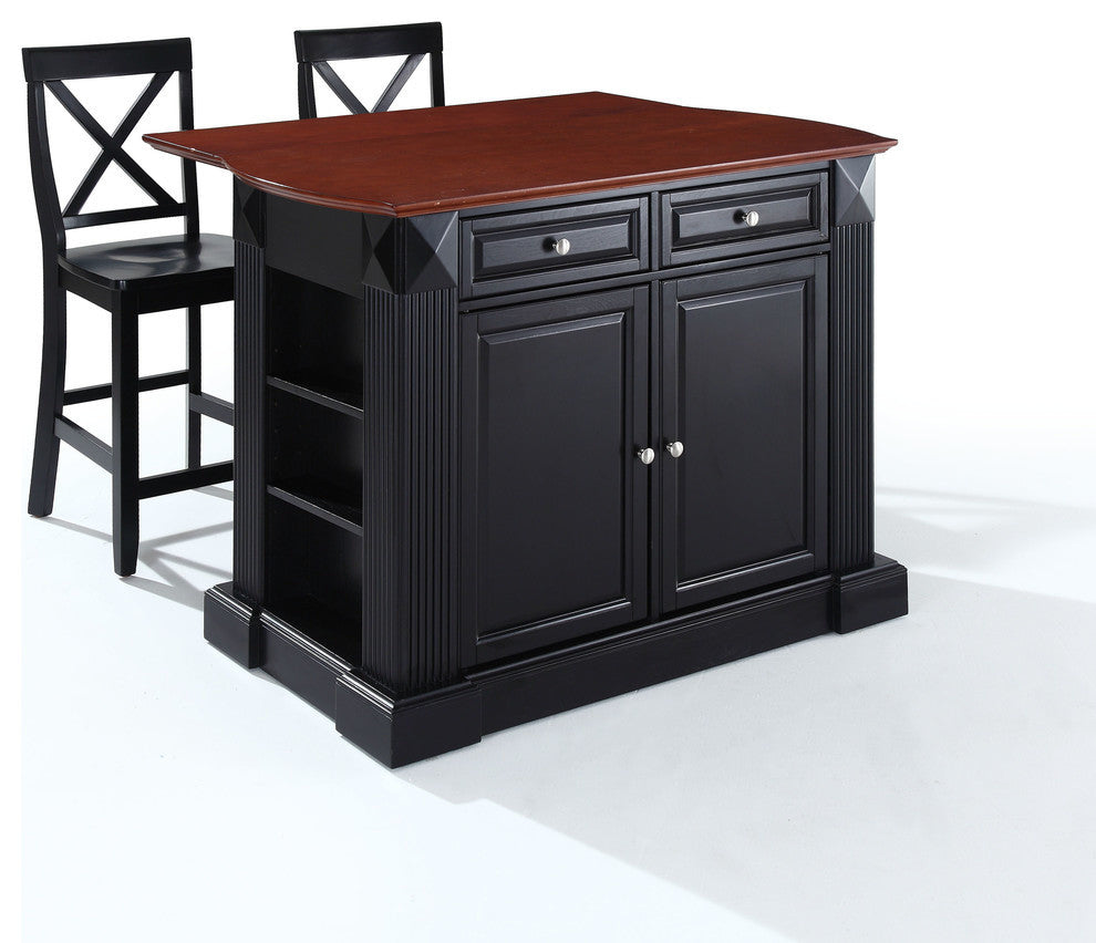 Drop Leaf Breakfast Bar Top Kitchen Island With 24" Blackx-Back Stools