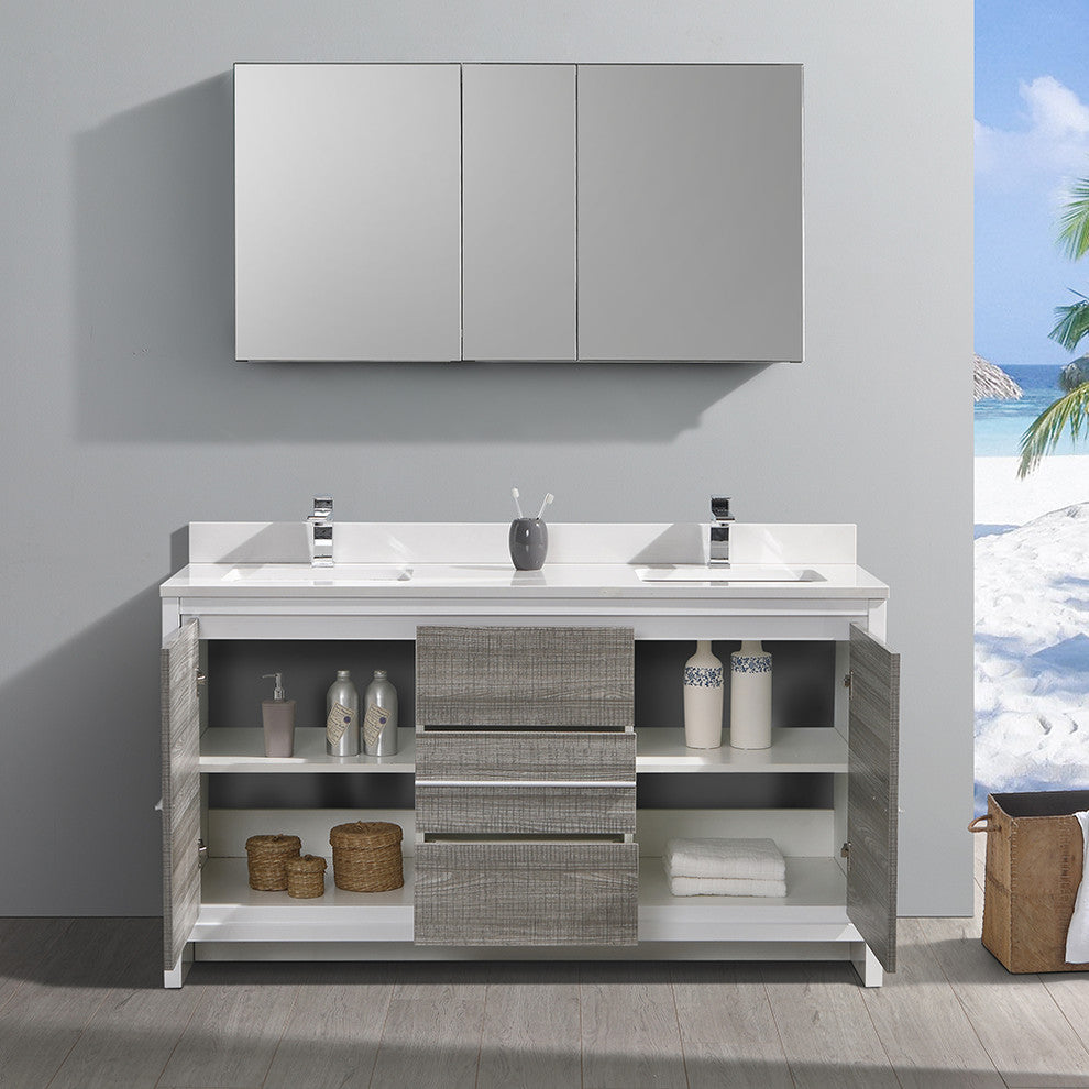 Allier Rio 60" Ash Gray Double Sink Vanity Set, Cabinet, Faucet, FFT1030BN